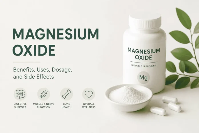 Magnesium oxide supplement capsules on a white background
