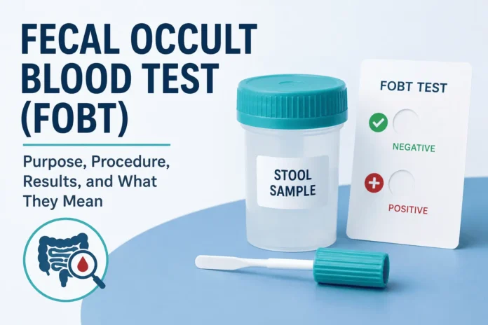 Illustration of a fecal occult blood test (FOBT) kit showing a labeled stool sample container, collection wand, and a test card with negative and positive result indicators alongside the title 