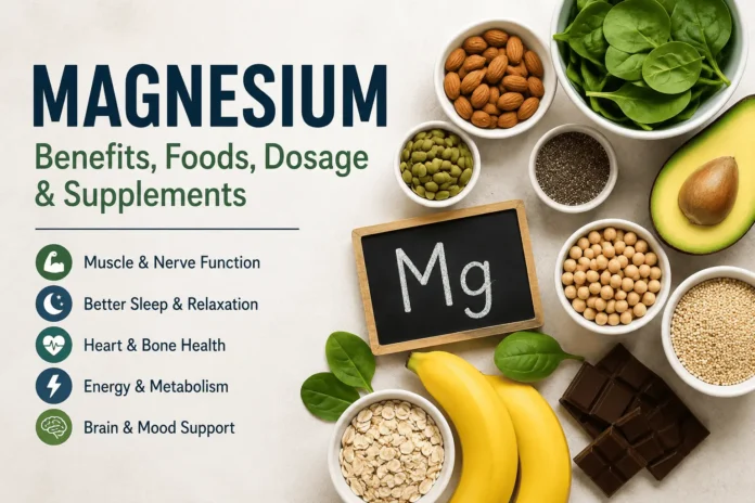 Illustration showing magnesium-rich foods and the key health benefits of magnesium, including muscle, nerve, heart, bone, and sleep support.
