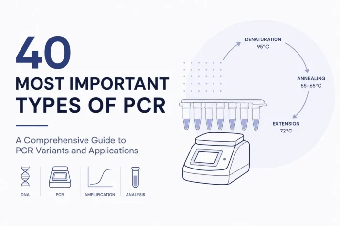 Minimalist infographic illustrating 40 important types of PCR, featuring a PCR thermal cycler, DNA and PCR icons, amplification imagery, and the three main PCR cycling stages: denaturation at 95°C, annealing at 55–65°C, and extension at 72°C.