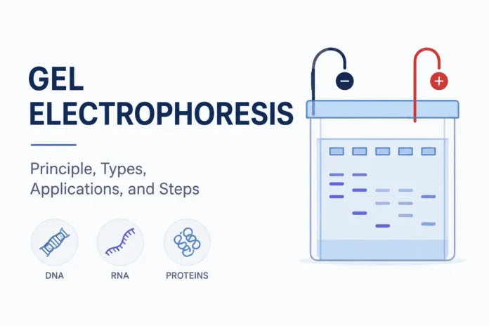Minimalist illustration of a gel electrophoresis system showing DNA, RNA, and protein separation in a gel matrix under an electric field, with the title 