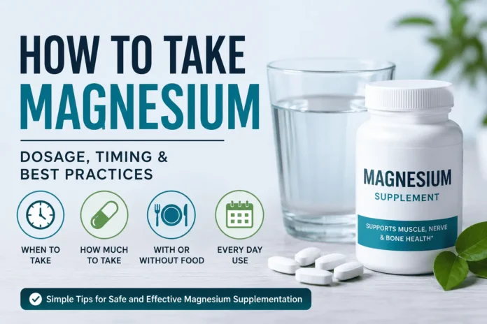 How to take magnesium infographic showing dosage, timing, food pairing, and daily magnesium supplement use.
