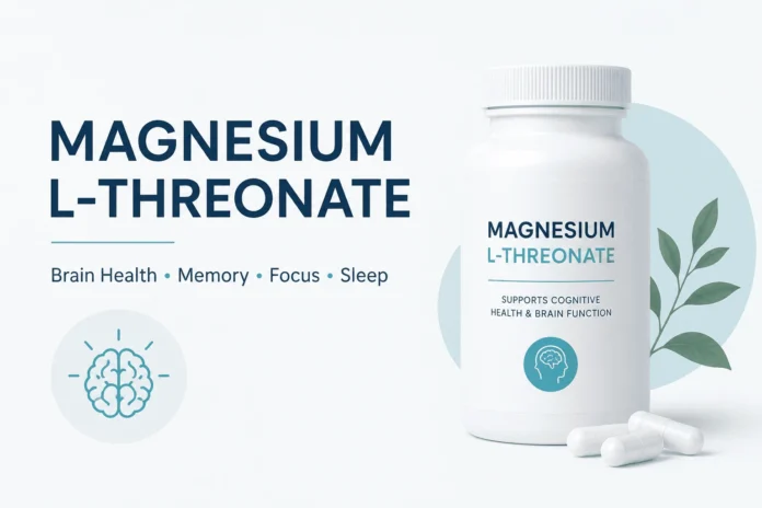 Minimalist cover image for a blog about magnesium L-threonate featuring a white supplement bottle, a brain icon, and the title 