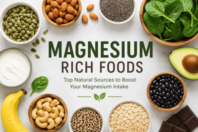 Flat lay of magnesium-rich foods including pumpkin seeds, almonds, chia seeds, spinach, avocado, black beans, oats, quinoa, yogurt, banana, cashews, and dark chocolate surrounding the title 