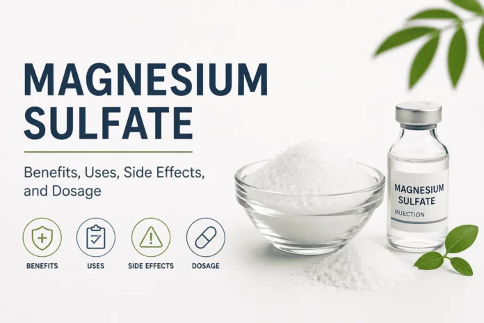 Illustration of magnesium sulfate showing its medical uses, benefits, side effects, and common forms, including injectable magnesium sulfate and Epsom salt.