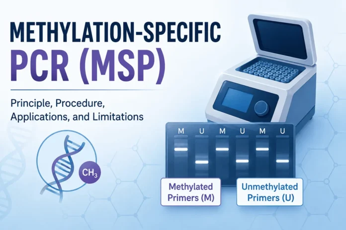 Methylation-Specific PCR (MSP) infographic showing DNA methylation, a PCR machine, and methylated (M) and unmethylated (U) primer amplification results on an electrophoresis gel.
