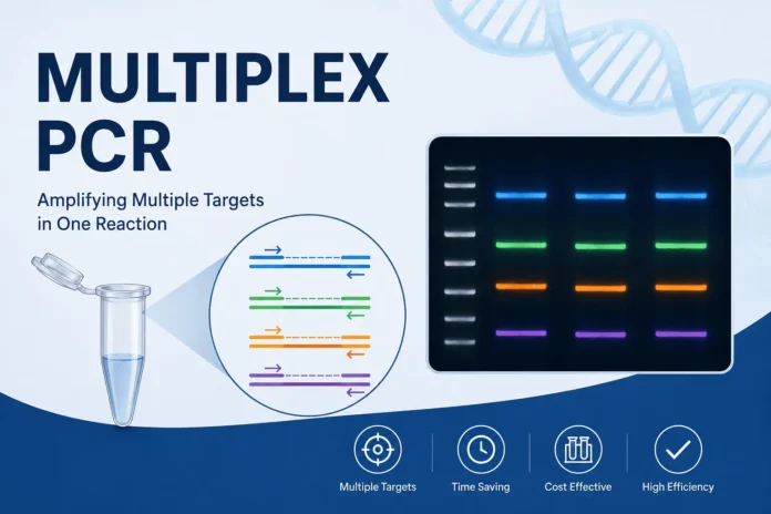 Multiplex PCR infographic showing multiple DNA targets amplified simultaneously in one reaction, with a PCR tube, color-coded primer-target pairs, and an agarose gel displaying multiple DNA bands.