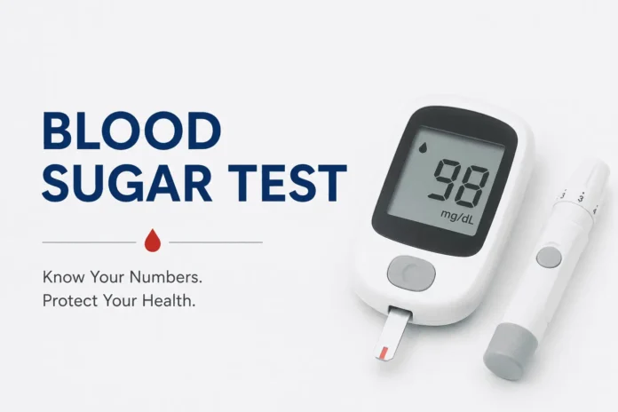 Minimalist blood sugar test cover showing a glucose meter reading 98 mg/dL, a lancing device, and the text “Know Your Numbers. Protect Your Health.”
