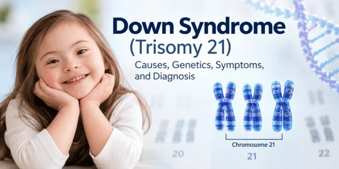 Down syndrome trisomy 21 showing an extra copy of chromosome 21