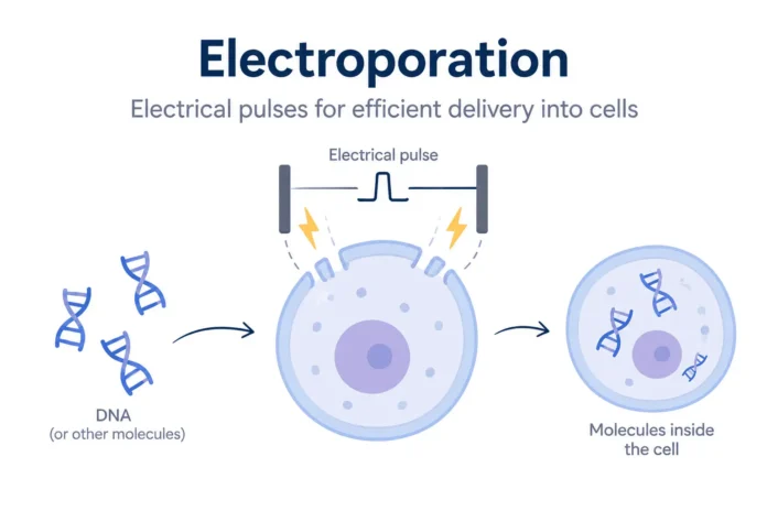Electroporation diagram showing an electrical pulse creating temporary pores in a cell membrane to enable DNA molecules to enter the cell.