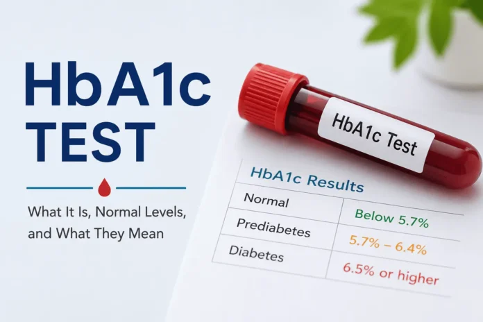 HbA1c test blood tube and results sheet showing normal, prediabetes, and diabetes HbA1c ranges.