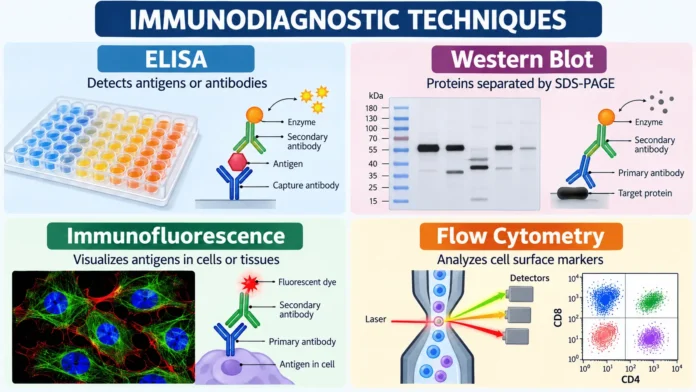 Immunodiagnostic techniques including ELISA, Western blot, immunofluorescence, and flow cytometry