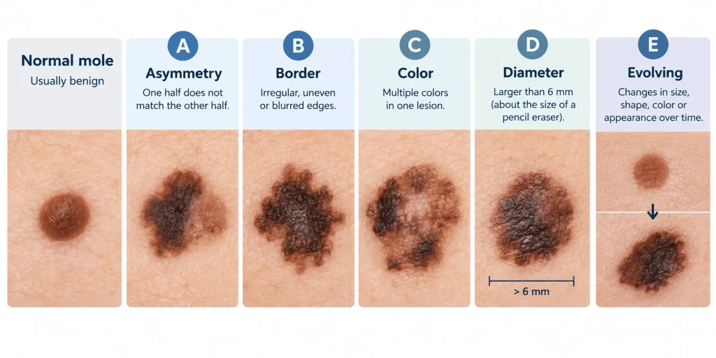 Medical illustration showing normal and potentially suspicious moles demonstrating the ABCDE melanoma warning signs: asymmetry, irregular border, multiple colors, larger diameter, and evolving appearance.