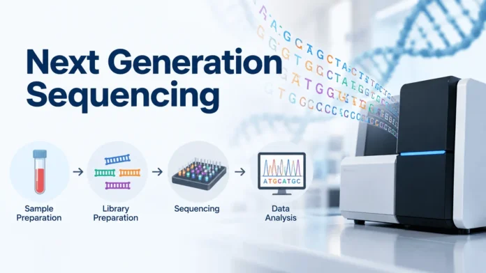 Next generation sequencing workflow showing DNA library preparation, sequencing, and bioinformatics analysis
