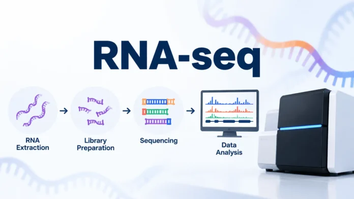 RNA-seq workflow showing RNA extraction, cDNA library preparation, sequencing, and transcriptome data analysis