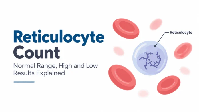 Minimalist medical illustration showing a reticulocyte among red blood cells, with the title “Reticulocyte Count” and subtitle “Normal Range, High and Low Results Explained” on a white background. The reticulocyte is highlighted in blue with a visible reticular RNA network.