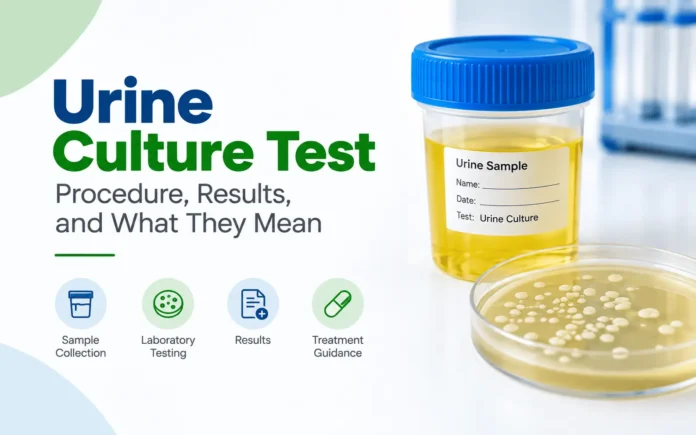 Minimalist medical illustration of a urine culture test showing a urine specimen cup and petri dish with bacterial colonies, alongside the title “Urine Culture Test: Procedure, Results, and What They Mean.