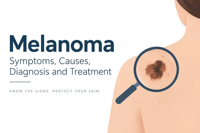 Melanoma awareness illustration showing an irregular dark skin lesion viewed through a magnifying glass, with text highlighting melanoma symptoms, causes, diagnosis, and treatment.
