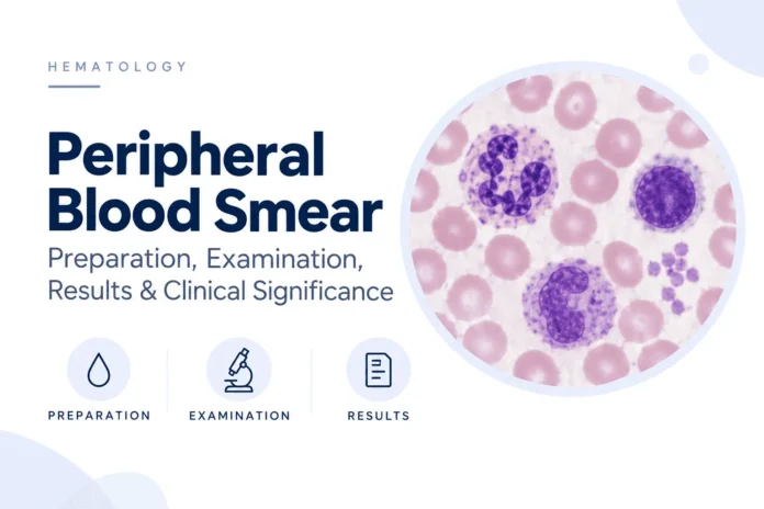 Minimalist hematology illustration showing a peripheral blood smear with red blood cells, white blood cells, and platelets viewed under a microscope, alongside the title “Peripheral Blood Smear: Preparation, Examination, Results & Clinical Significance.”