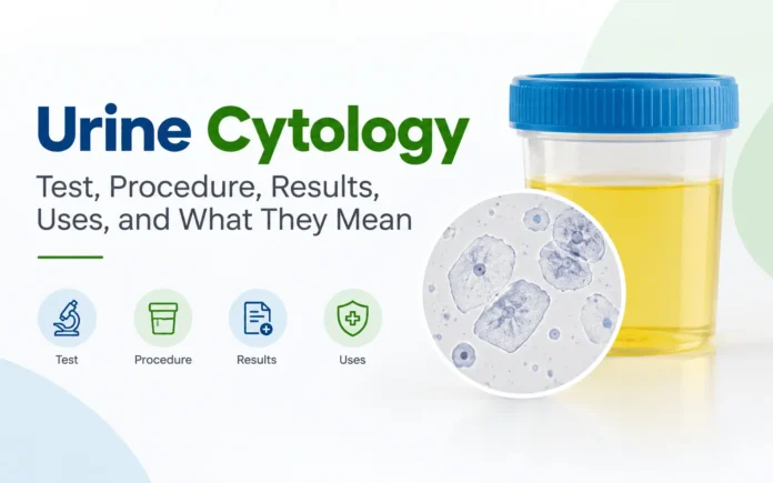 Urine cytology medical illustration showing a urine specimen cup and microscopic view of urinary cells, with the title “Urine Cytology: Test, Procedure, Results, Uses, and What They Mean.