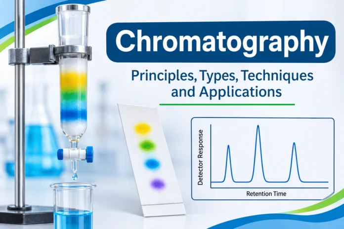 Chromatography principles and techniques showing column separation, thin-layer chromatography, and chromatogram analysis.