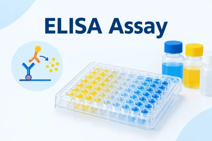 ELISA assay microplate showing colorimetric results used to detect antigens or antibodies.