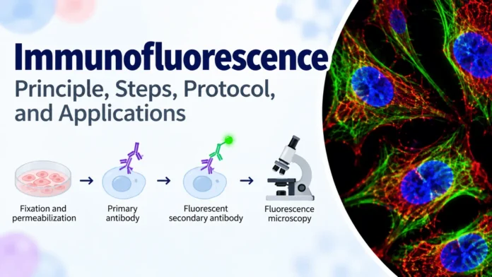 Immunofluorescence staining showing fluorescently labeled proteins in cells under a fluorescence microscope