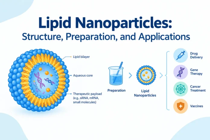 Structure of lipid nanoparticles showing ionizable lipids, phospholipids, cholesterol, and PEGylated lipids for nucleic acid delivery