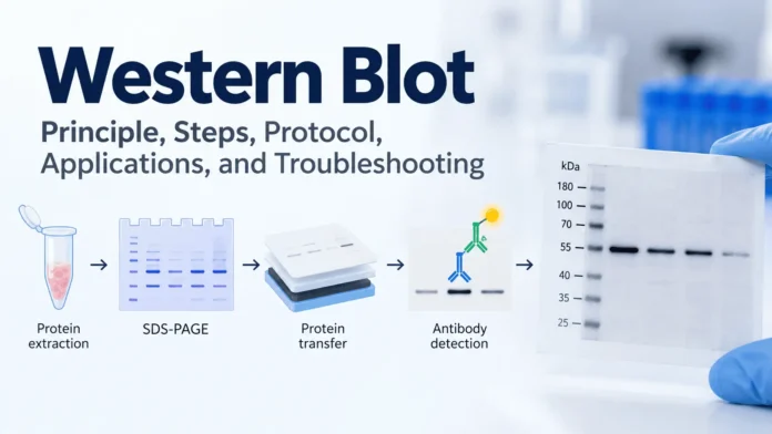 Western blot workflow showing protein separation by SDS-PAGE, membrane transfer, antibody detection, and protein band analysis